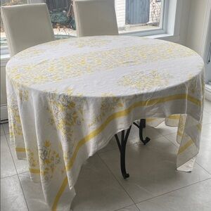 VINTAGE Mid-Century Modern Floral multi Yellow  Linen Tablecloth L:  94” W: 56”